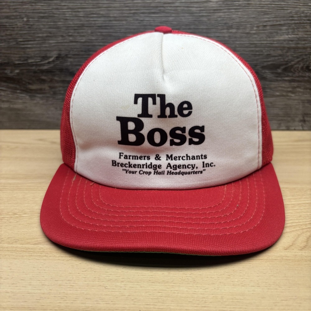 Vintage The Boss Hat Cap Snap Back Red White Trucker Mesh Advertising Mens 80s